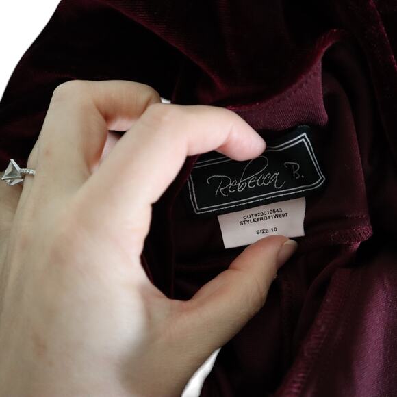 Rebecca B Womens Red Velvet Maxi Dress Size 12 Elegant Open Drape Back Leg Slit - Picture 9 of 13